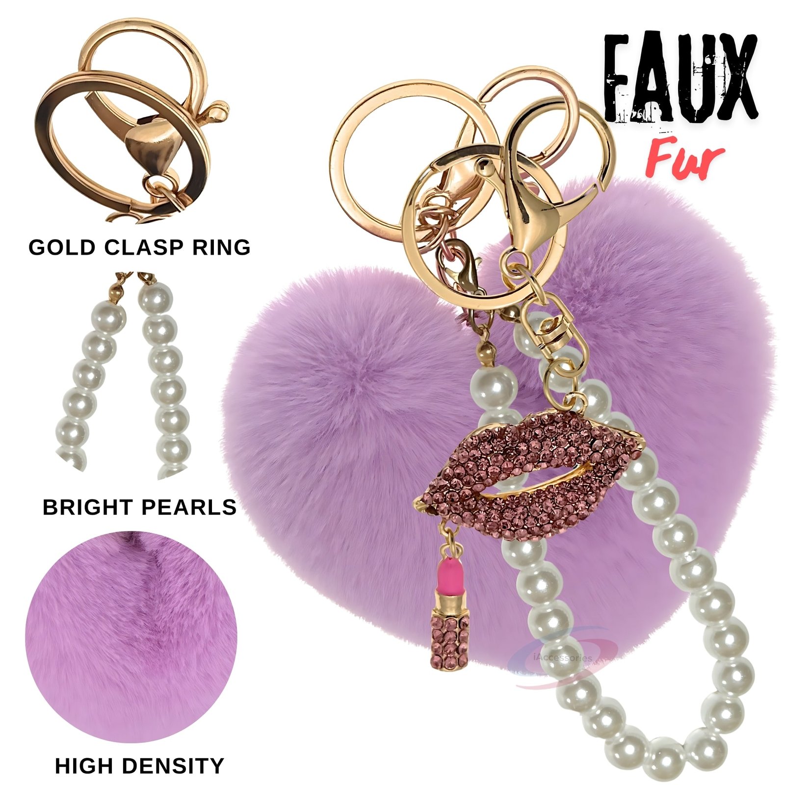 iAccessories Pearl Diamond Lips Fluffy Faux Fur Pom Pom Heart Charm for Girls Bags, Wallets and Luggage (Light Purple)-4