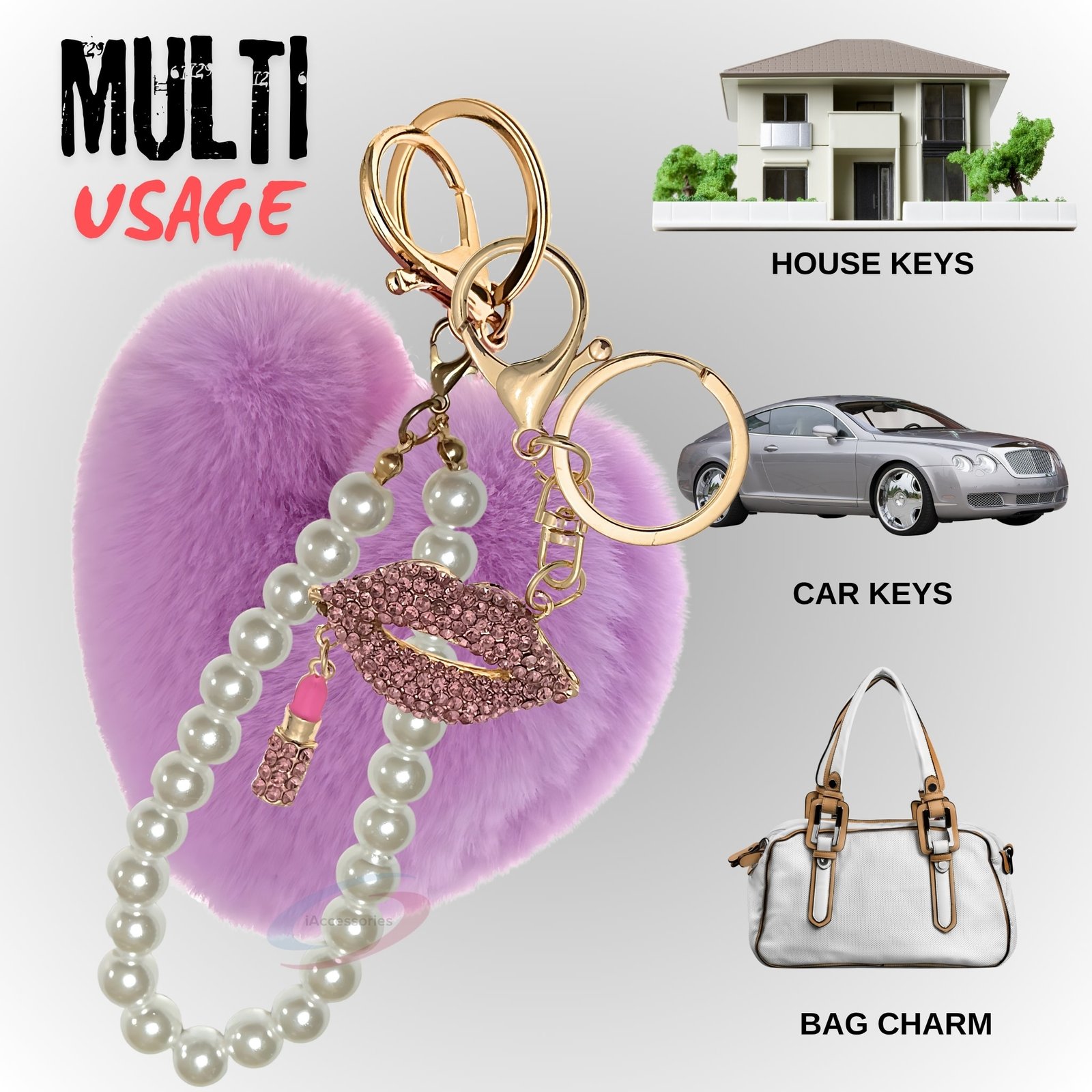 iAccessories Pearl Diamond Lips Fluffy Faux Fur Pom Pom Heart Charm for Girls Bags, Wallets and Luggage (Light Purple)-5