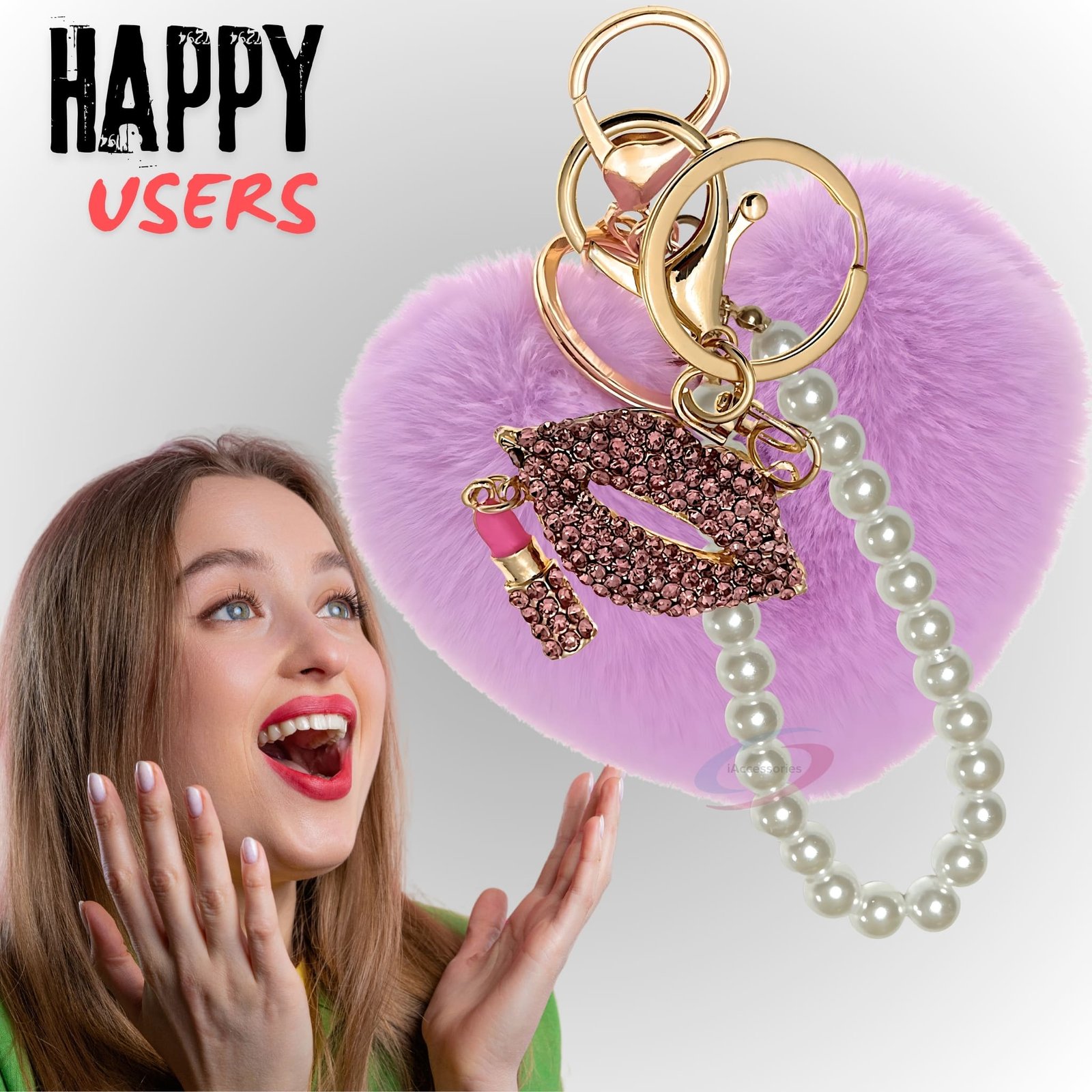 iAccessories Pearl Diamond Lips Fluffy Faux Fur Pom Pom Heart Charm for Girls Bags, Wallets and Luggage (Light Purple)-7