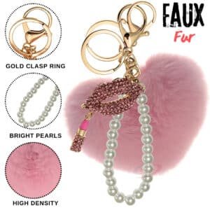 Pink Lips Heart Pom Pom Key Ring – iAccessories Faux Fur Pearl Bag Charm for Girls