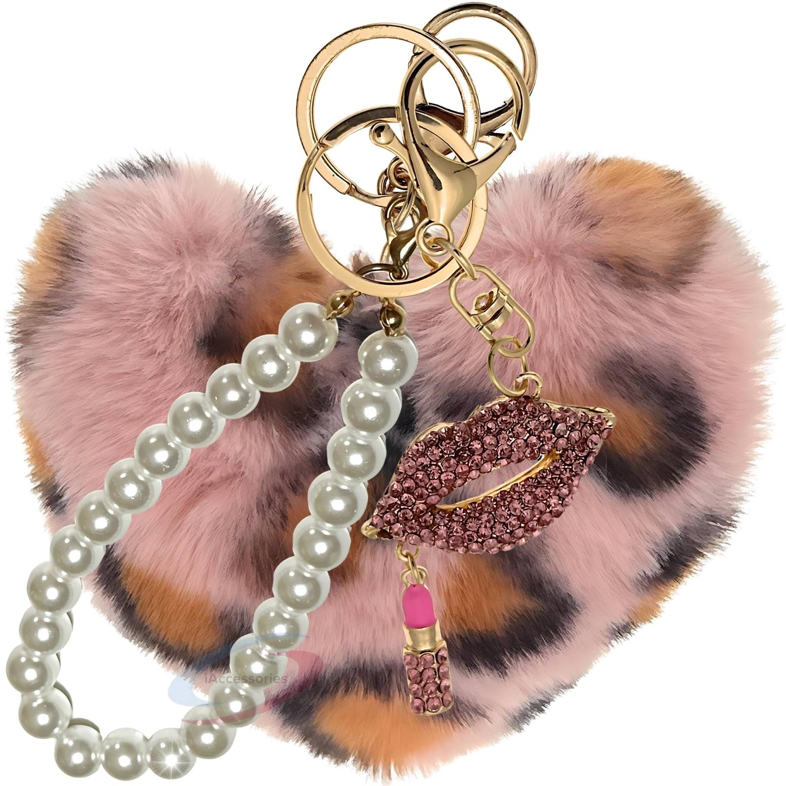iAccessories Pearl Diamond Lips Fluffy Faux Fur Pom Pom Heart Charm for Girls Bags, Wallets and Luggage (Pink Lepo)-1