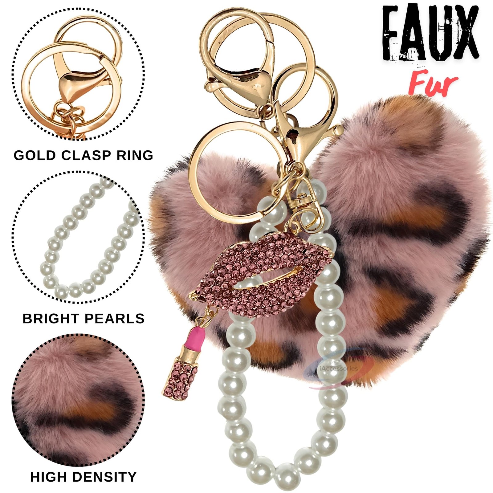 iAccessories Pearl Diamond Lips Fluffy Faux Fur Pom Pom Heart Charm for Girls Bags, Wallets and Luggage (Pink Lepo)-3