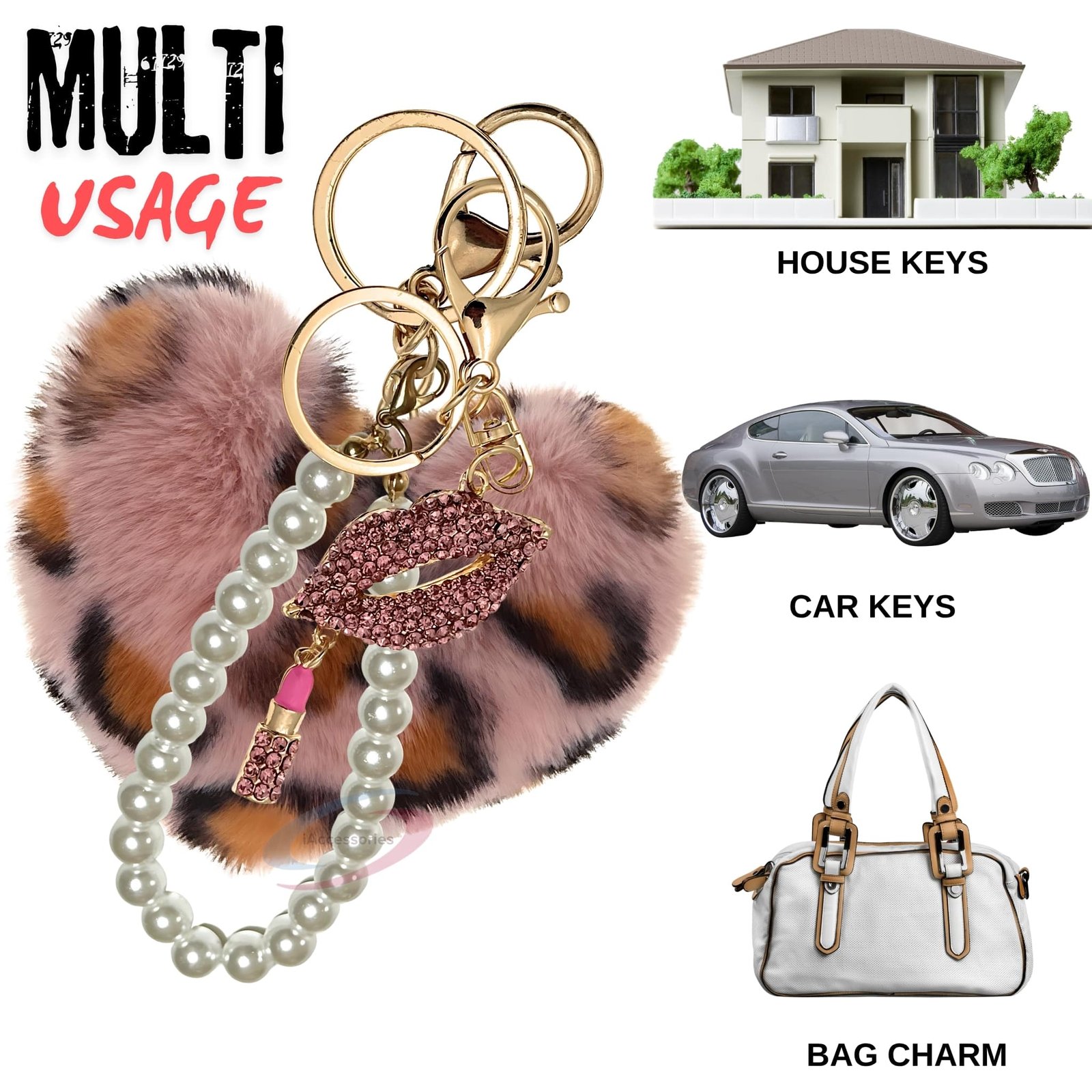 iAccessories Pearl Diamond Lips Fluffy Faux Fur Pom Pom Heart Charm for Girls Bags, Wallets and Luggage (Pink Lepo)-5