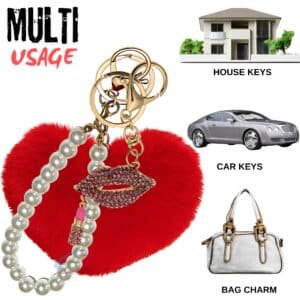 iAccessories Red Fluffy Faux Fur Pearl Diamond Heart Pom Pom Keychain – Girls’ Bags & Luggage Charm