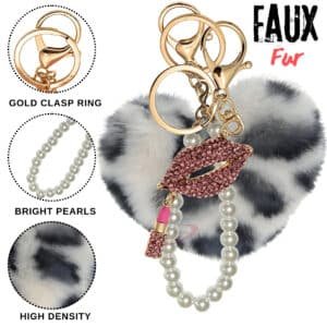 White Black Lepo Faux Fur Heart Pom Pom Keychain – iAccessories Pearl & Diamond Lips Bag Charm for Girls