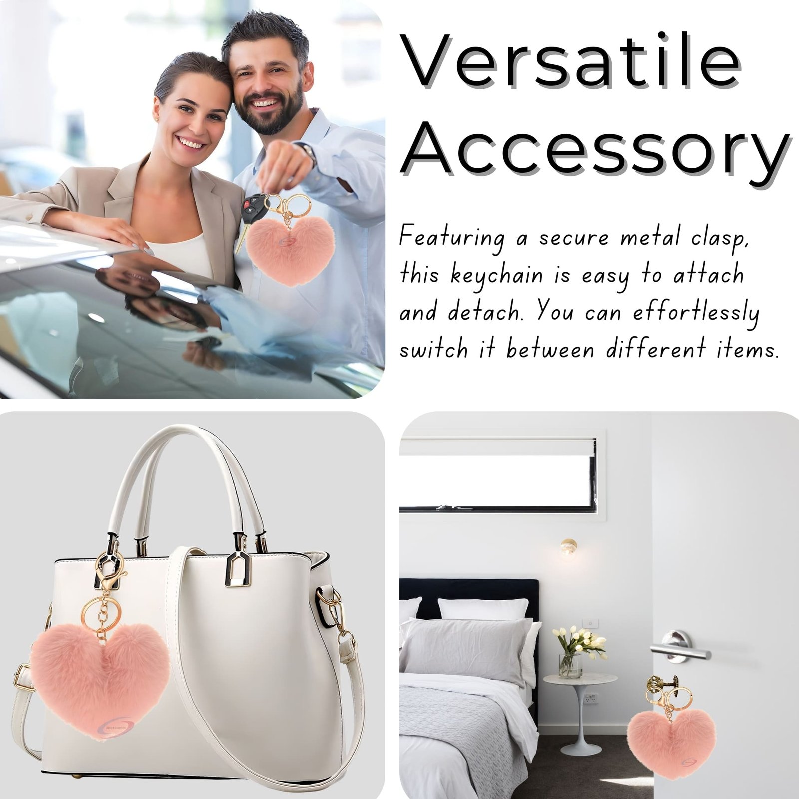 Accessories Fluffy Faux Fur Pom Pom Heart Key Ring Keychain Charm for Girls Bags, Wallets and Luggage – Baby Pink-5