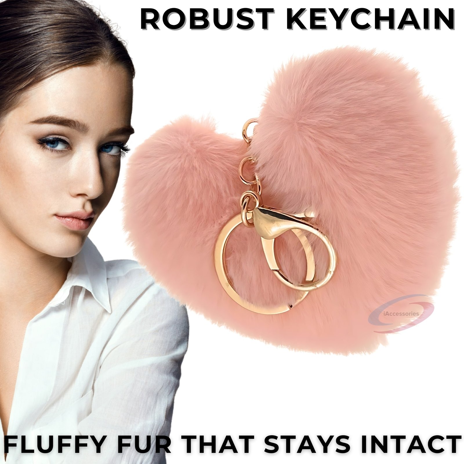 Accessories Fluffy Faux Fur Pom Pom Heart Key Ring Keychain Charm for Girls Bags, Wallets and Luggage – Baby Pink-6