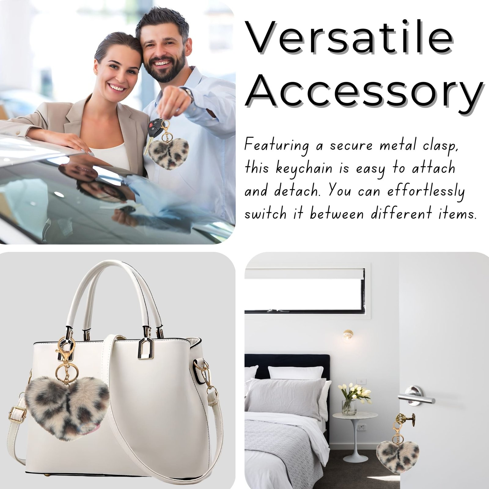 Accessories Fluffy Faux Fur Pom Pom Heart Key Ring Keychain Charm for Girls Bags, Wallets and Luggage – Cream Lepo-5