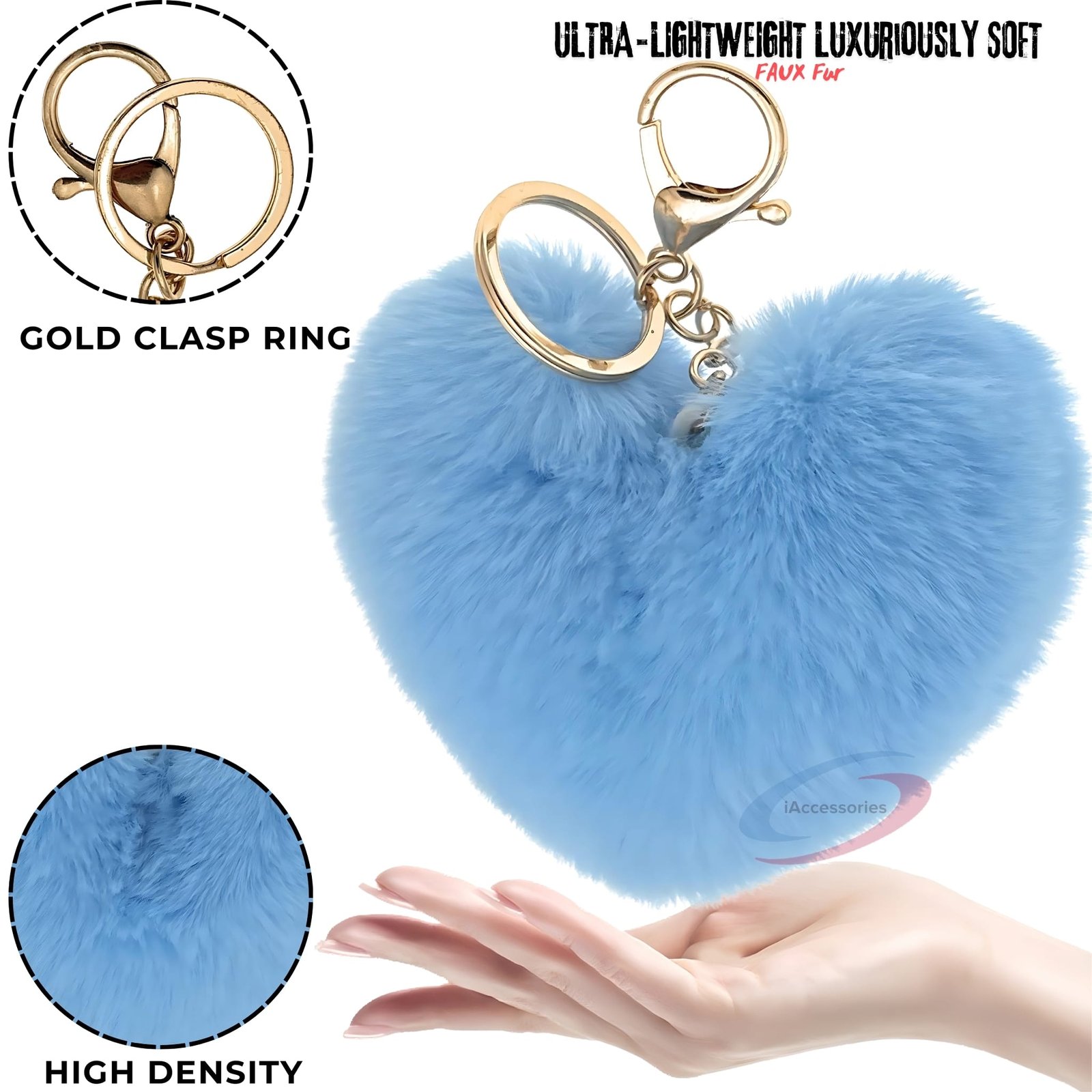 Accessories Fluffy Faux Fur Pom Pom Heart Key Ring Keychain Charm for Girls Bags, Wallets and Luggage – Light Blue-3