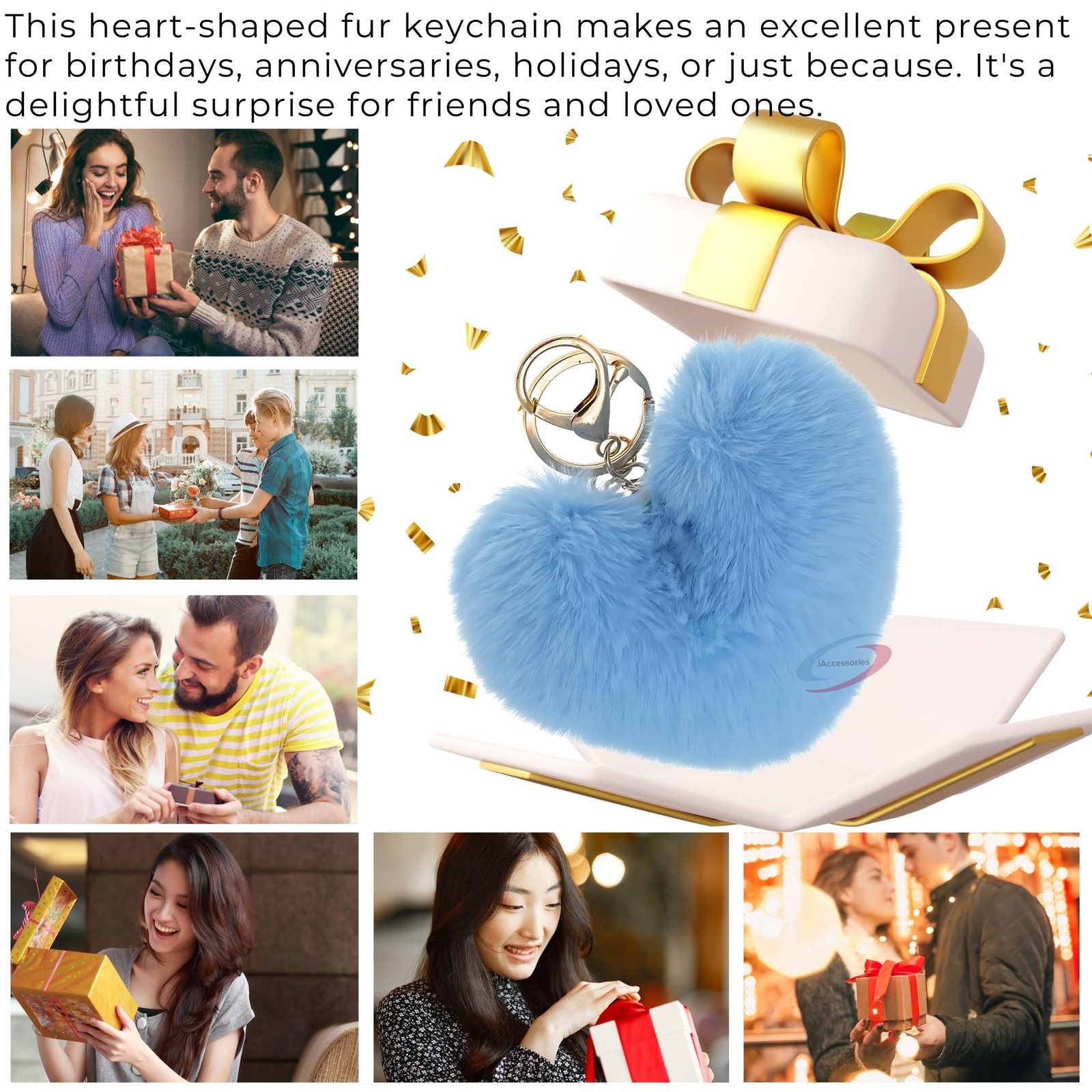 Accessories Fluffy Faux Fur Pom Pom Heart Key Ring Keychain Charm for Girls Bags, Wallets and Luggage – Light Blue-4