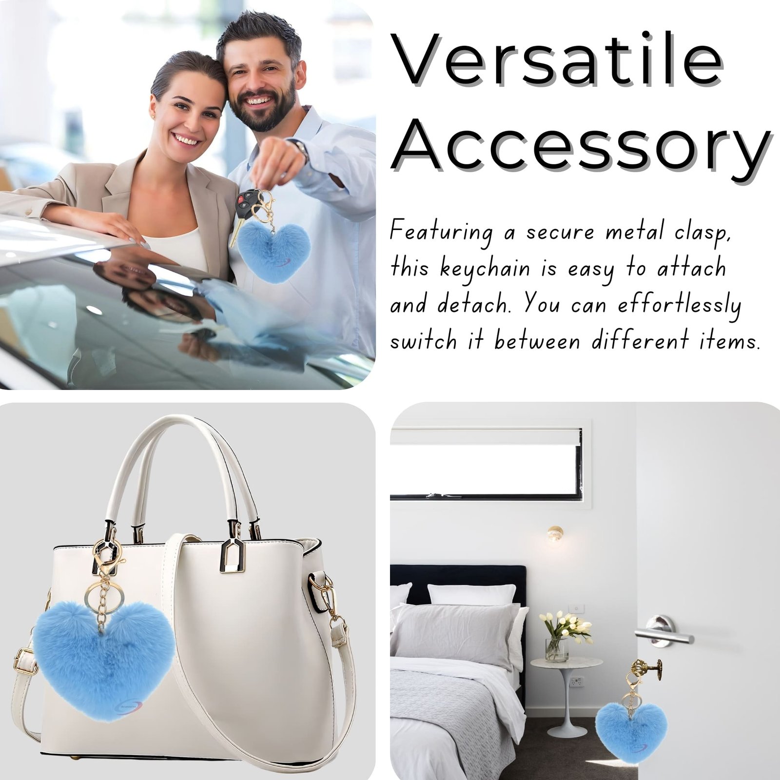 Accessories Fluffy Faux Fur Pom Pom Heart Key Ring Keychain Charm for Girls Bags, Wallets and Luggage – Light Blue-5