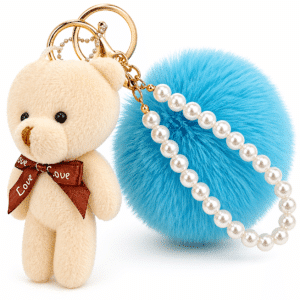 Peacock Blue-White Teddy Fluffy Faux Fur Pom Pom Key Ring | Pearl Charm