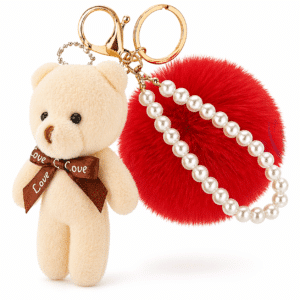 Red-White Teddy Fluffy Faux Fur Pom Pom Key Ring | Pearl Charm