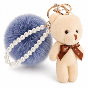Frosted Blue-White Teddy Pom Pom Fluffy Key Ring – Cute Pearl Charm