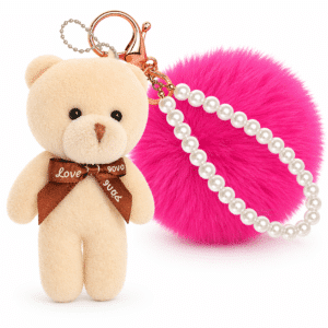 Hot Pink-White Teddy Fluffy Faux Fur Pom Pom Key Ring | Pearl Charm