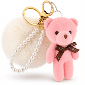 White-Pink Teddy Fluffy Faux Fur Pom Pom Key Ring – Pearl Charm Cute Bag Accessory