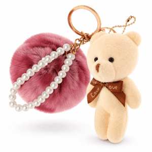 Rose Pink Leopard-White Teddy Fluffy Faux Fur Pom Pom Key Ring – Pearl Charm
