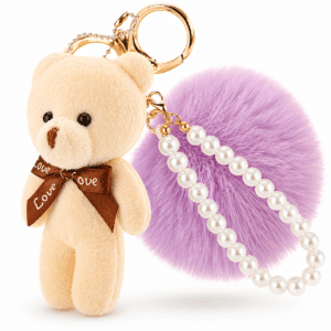 Light Purple-White Teddy Fluffy Faux Fur Pom Pom Key Ring | Pearl Charm