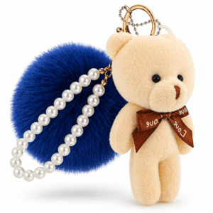 Dark Blue-White Teddy Fluffy Faux Fur Pom Pom Key Ring | Pearl Charm