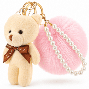 Pink-White Teddy Fluffy Faux Fur Pom Pom Key Ring | Pearl Charm