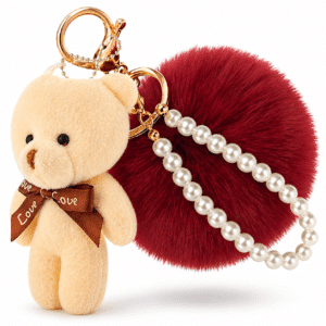 Wine Red-White Teddy Fluffy Faux Fur Pom Pom Key Ring | Pearl Teddy Charm