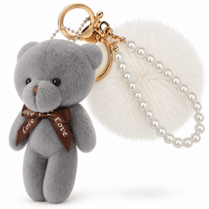 White-Grey Teddy Fluffy Faux Fur Pom Pom Key Ring | Pearl Charm Bag Accessory