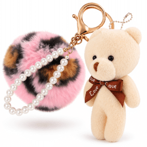 Pink Leopard-White Teddy Fluffy Pom Pom Key Ring – Pearl Charm Bag Accessory