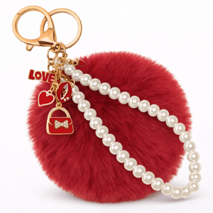 Deep Red Faux Fur Pom Pom Keychain – iAccessories Pearl Bag Charm for Girls