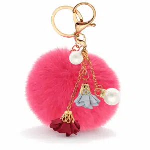 Chic Rose & Pearl Pom Pom Keychain – Perfect for Gifts - Rose