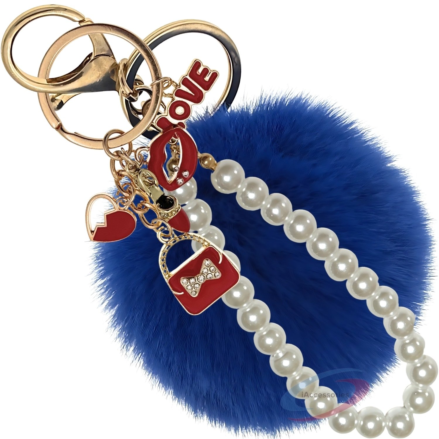 iAccessories Fluffy Faux Fur Pearl Fashion Pom Pom Keychain Charm for Girls Bags, Wallets and Luggage – Dark Blue-1