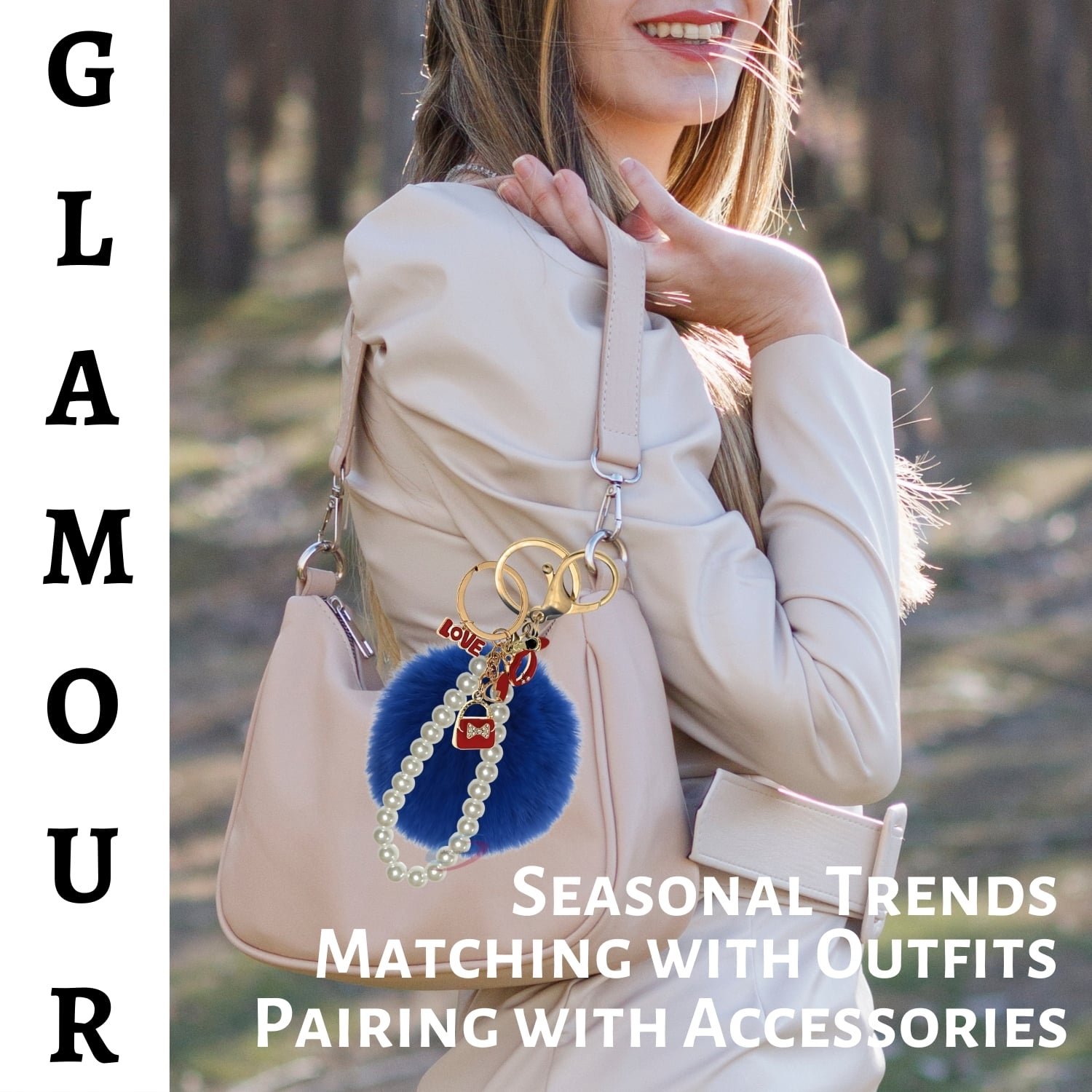 iAccessories Fluffy Faux Fur Pearl Fashion Pom Pom Keychain Charm for Girls Bags, Wallets and Luggage – Dark Blue-2