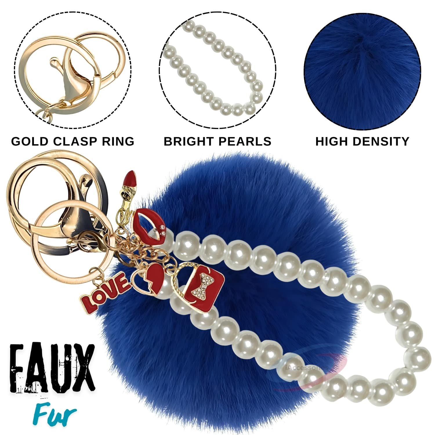 iAccessories Fluffy Faux Fur Pearl Fashion Pom Pom Keychain Charm for Girls Bags, Wallets and Luggage – Dark Blue-3