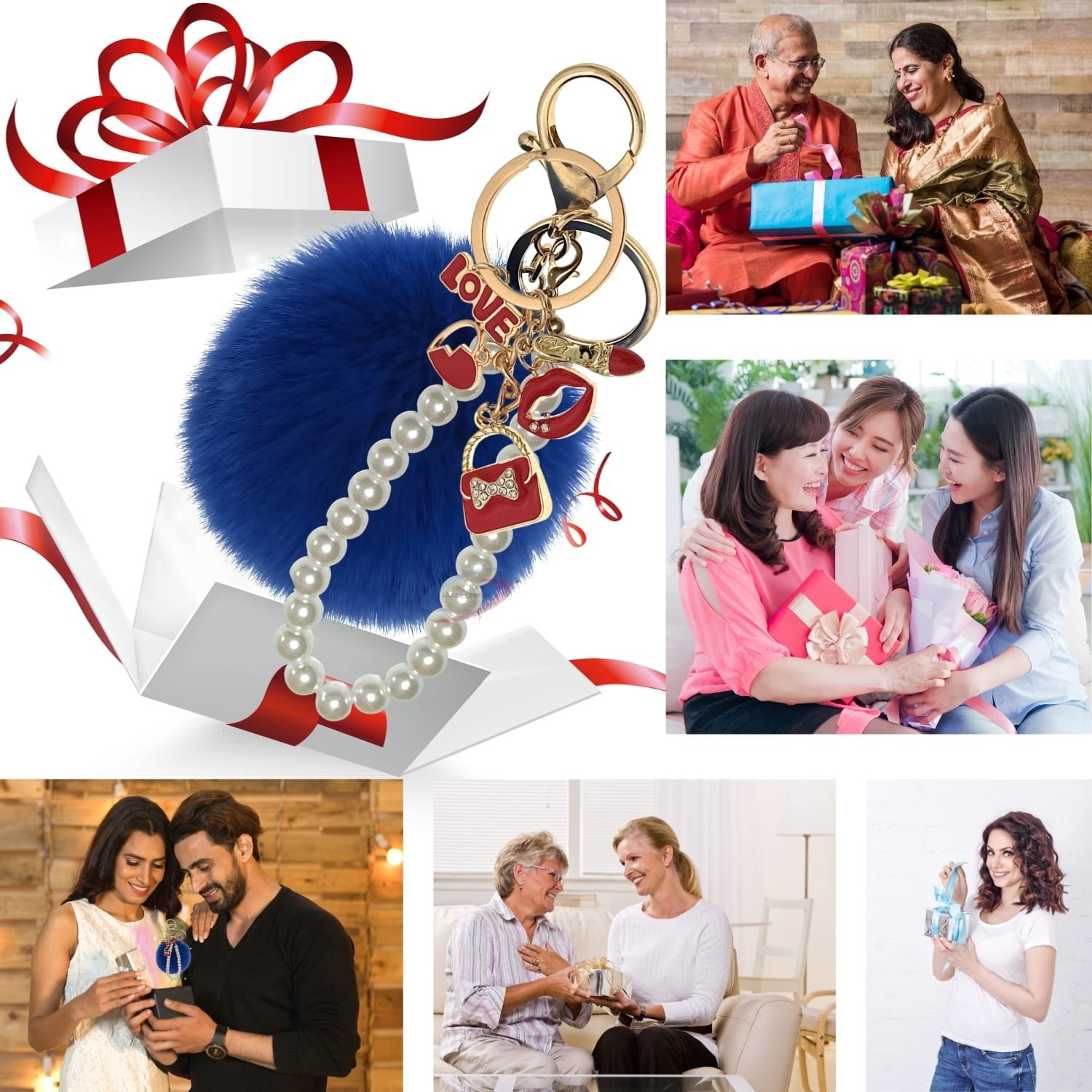 iAccessories Fluffy Faux Fur Pearl Fashion Pom Pom Keychain Charm for Girls Bags, Wallets and Luggage – Dark Blue-4