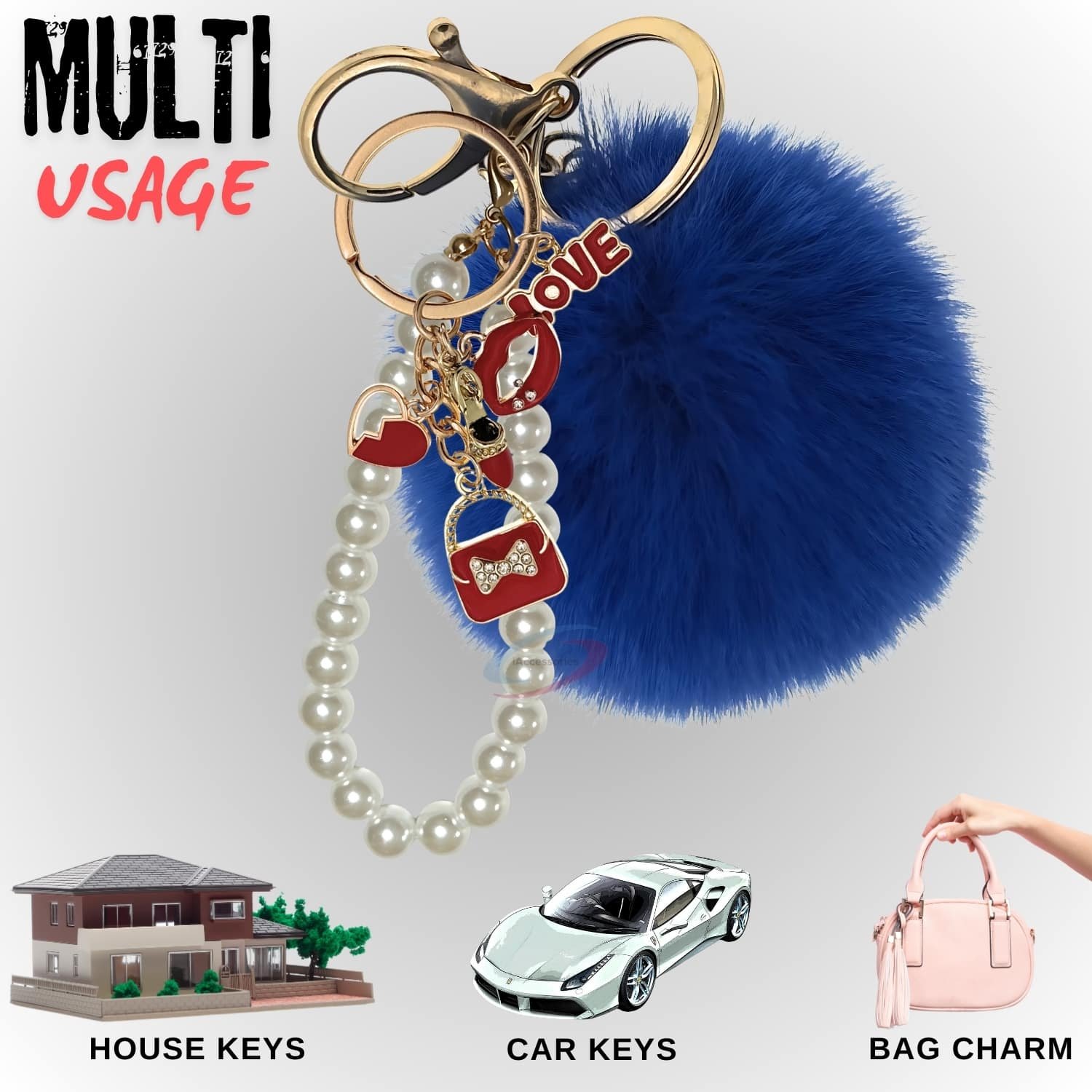 iAccessories Fluffy Faux Fur Pearl Fashion Pom Pom Keychain Charm for Girls Bags, Wallets and Luggage – Dark Blue-5