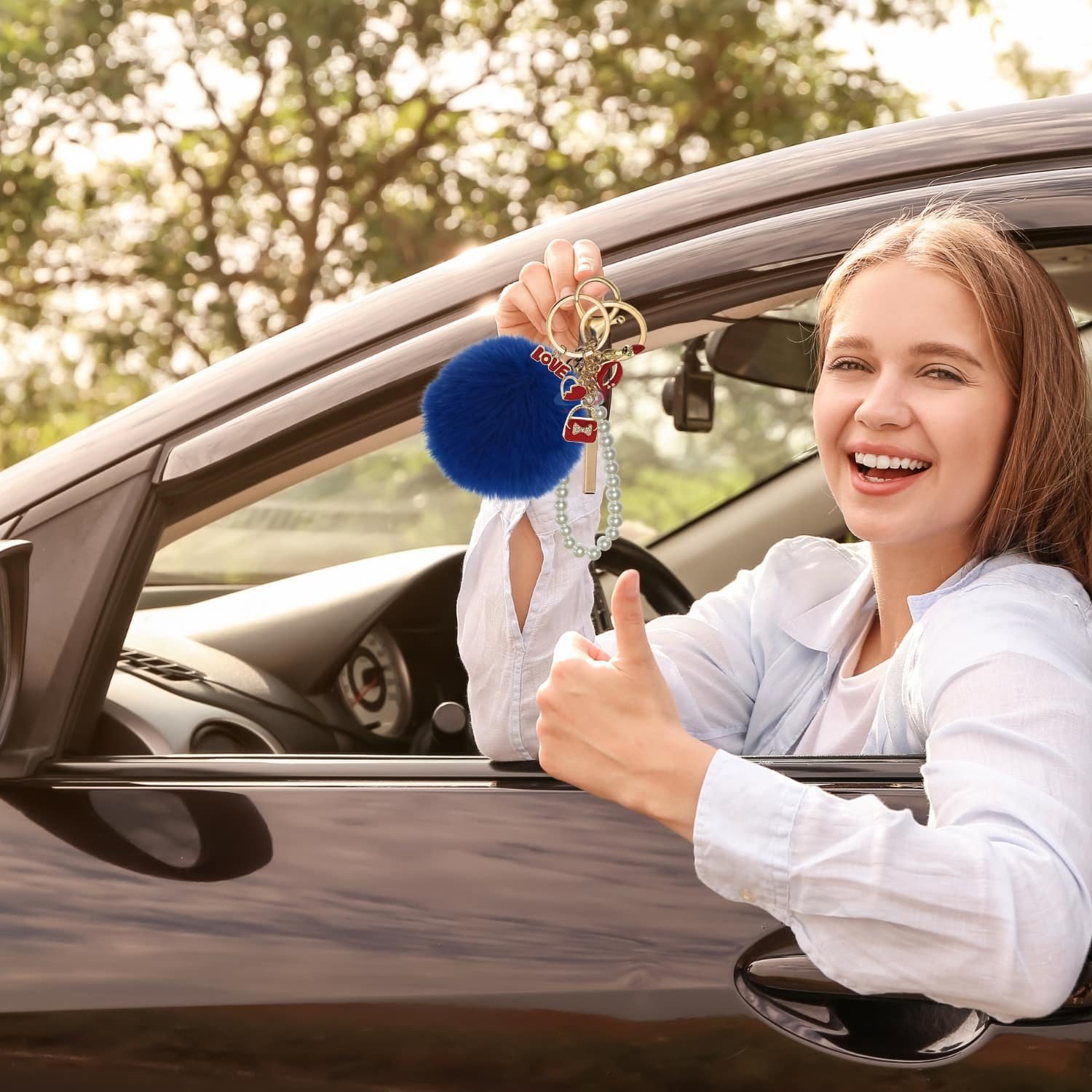 iAccessories Fluffy Faux Fur Pearl Fashion Pom Pom Keychain Charm for Girls Bags, Wallets and Luggage – Dark Blue-6