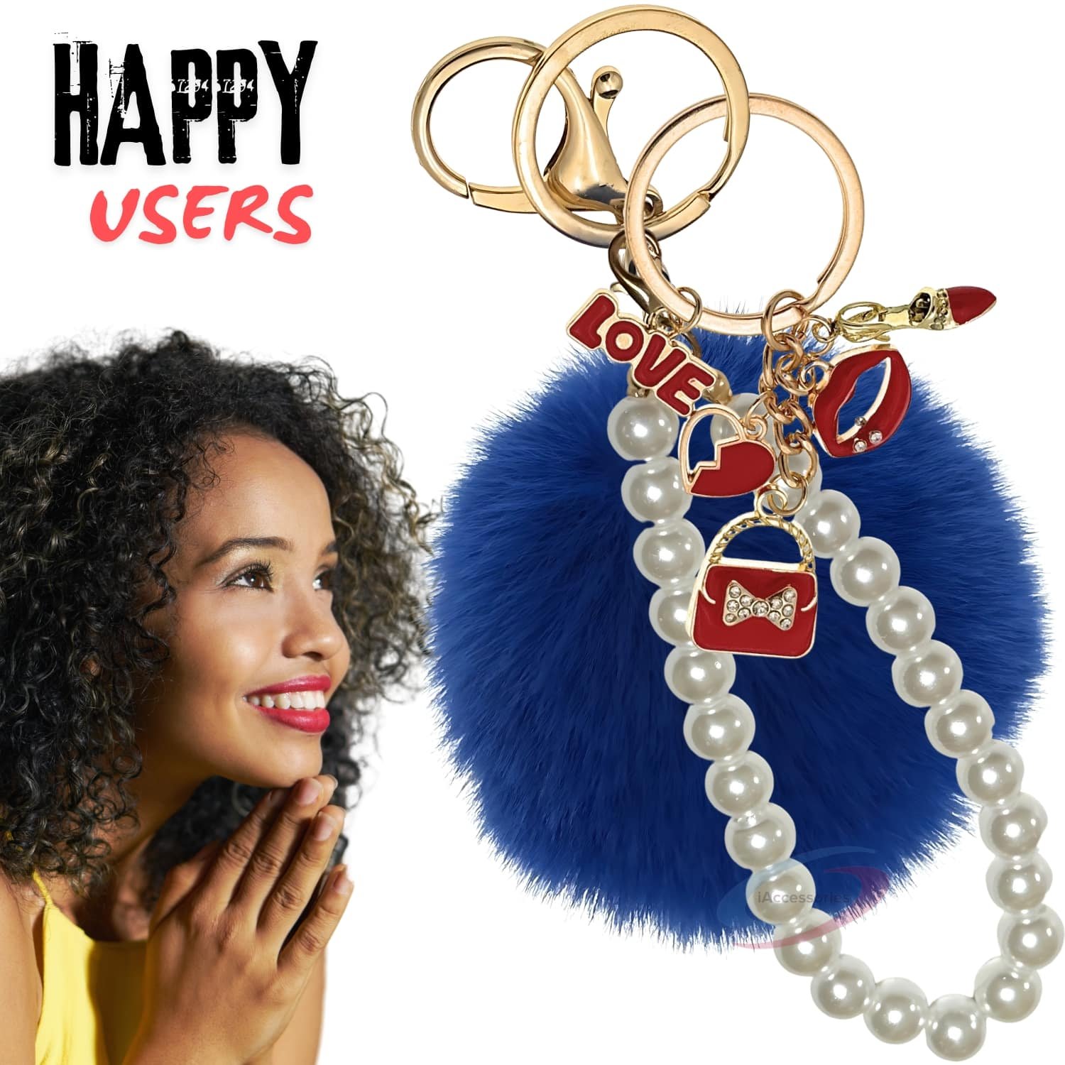 iAccessories Fluffy Faux Fur Pearl Fashion Pom Pom Keychain Charm for Girls Bags, Wallets and Luggage - Dark Blue-7