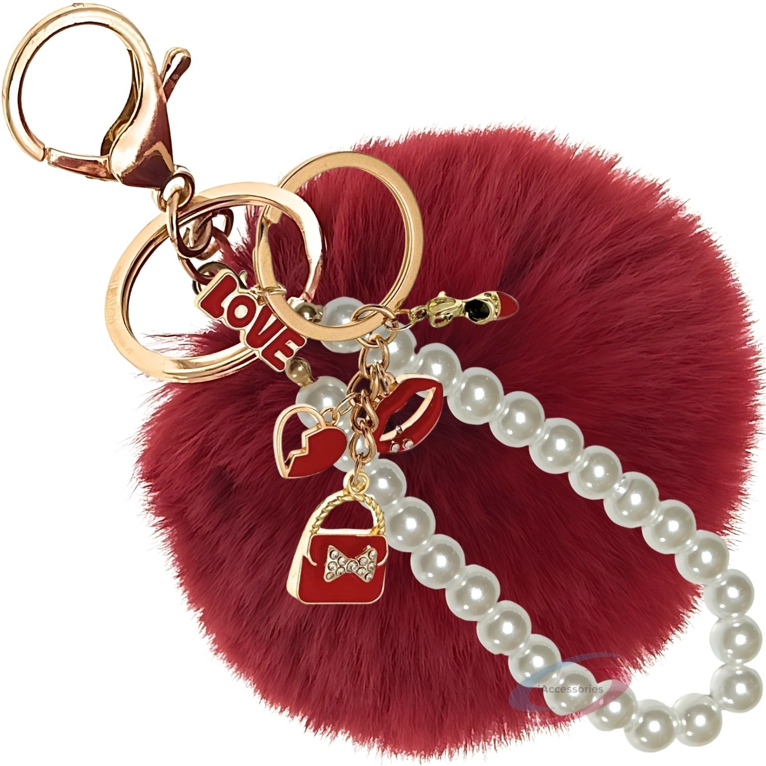 iAccessories Fluffy Faux Fur Pearl Fashion Pom Pom Keychain Charm for Girls Bags, Wallets and Luggage – Deep Red-1