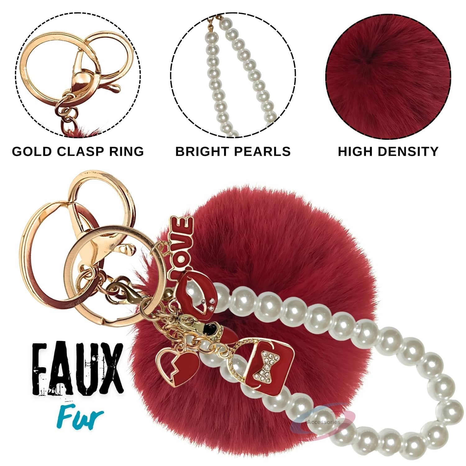 iAccessories Fluffy Faux Fur Pearl Fashion Pom Pom Keychain Charm for Girls Bags, Wallets and Luggage – Deep Red-3