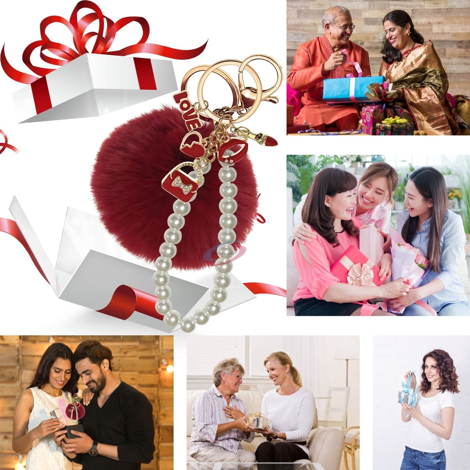 iAccessories Fluffy Faux Fur Pearl Fashion Pom Pom Keychain Charm for Girls Bags, Wallets and Luggage – Deep Red-4