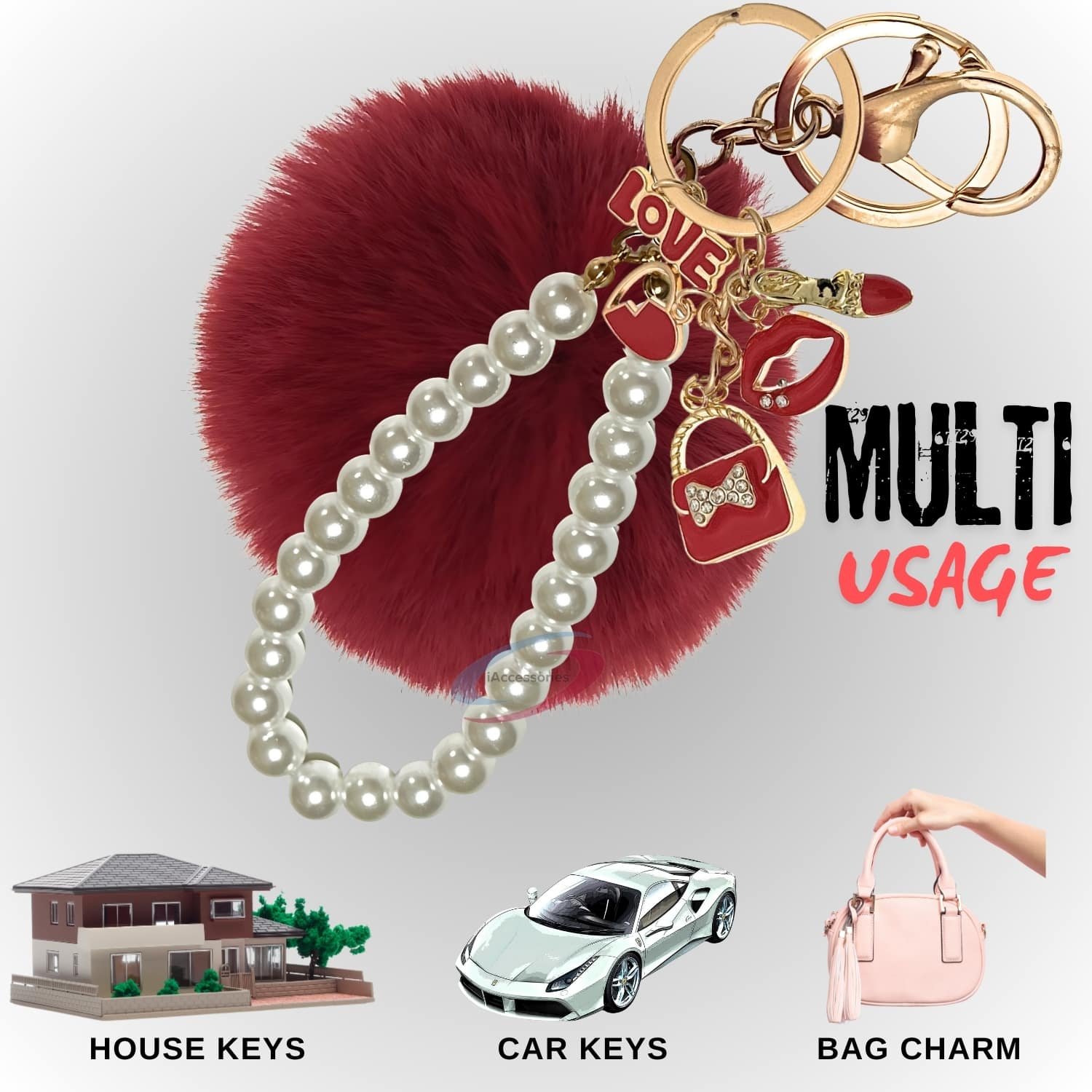 iAccessories Fluffy Faux Fur Pearl Fashion Pom Pom Keychain Charm for Girls Bags, Wallets and Luggage – Deep Red-5