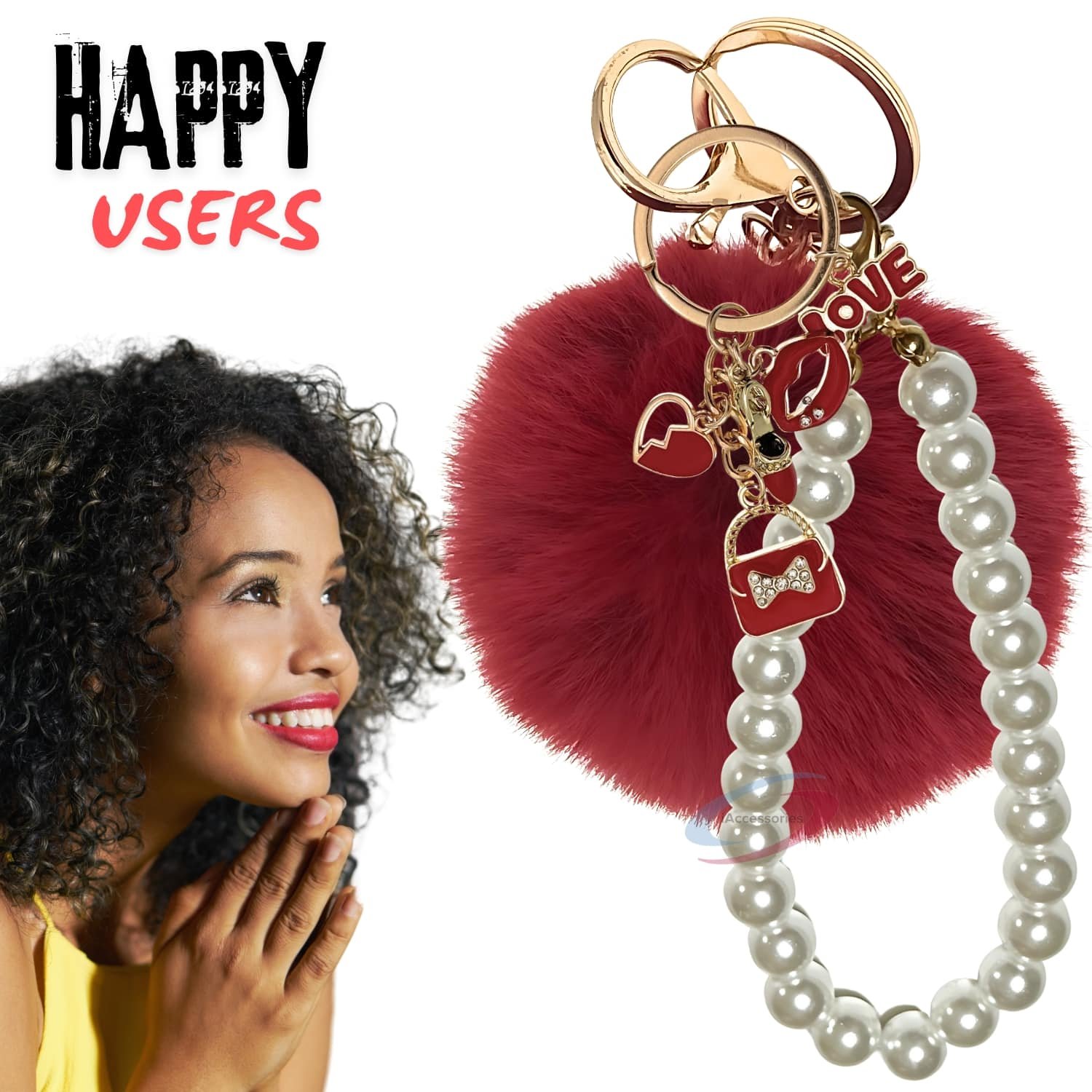 iAccessories Fluffy Faux Fur Pearl Fashion Pom Pom Keychain Charm for Girls Bags, Wallets and Luggage – Deep Red-7
