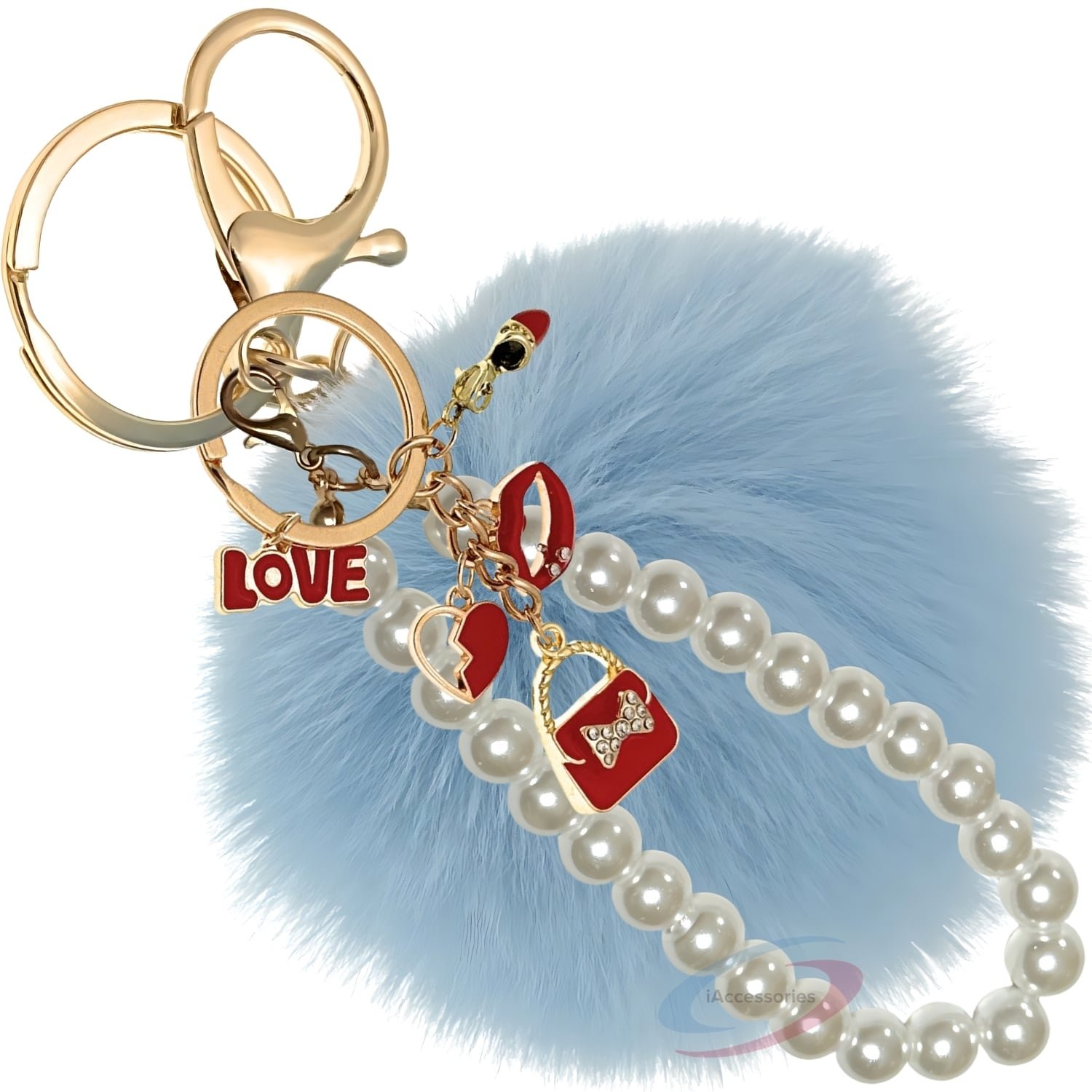 iAccessories Fluffy Faux Fur Pearl Fashion Pom Pom Keychain Charm for Girls Bags, Wallets and Luggage – Light Blue-1
