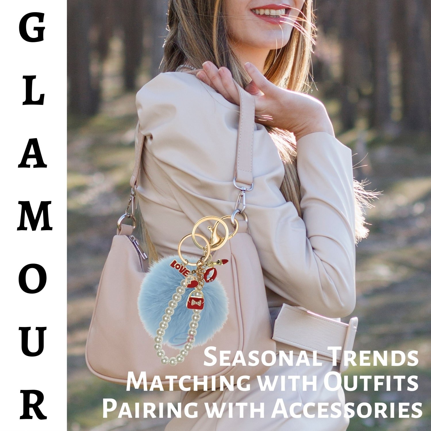 iAccessories Fluffy Faux Fur Pearl Fashion Pom Pom Keychain Charm for Girls Bags, Wallets and Luggage – Light Blue-2