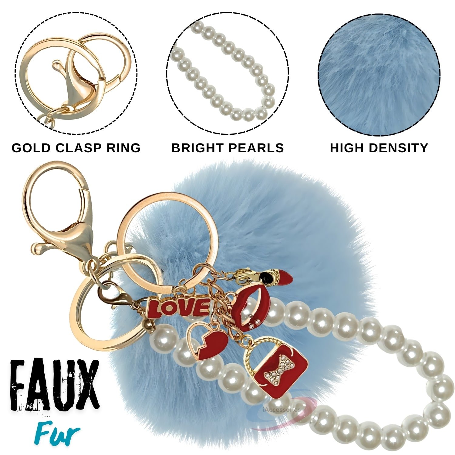 iAccessories Fluffy Faux Fur Pearl Fashion Pom Pom Keychain Charm for Girls Bags, Wallets and Luggage - Light Blue-3
