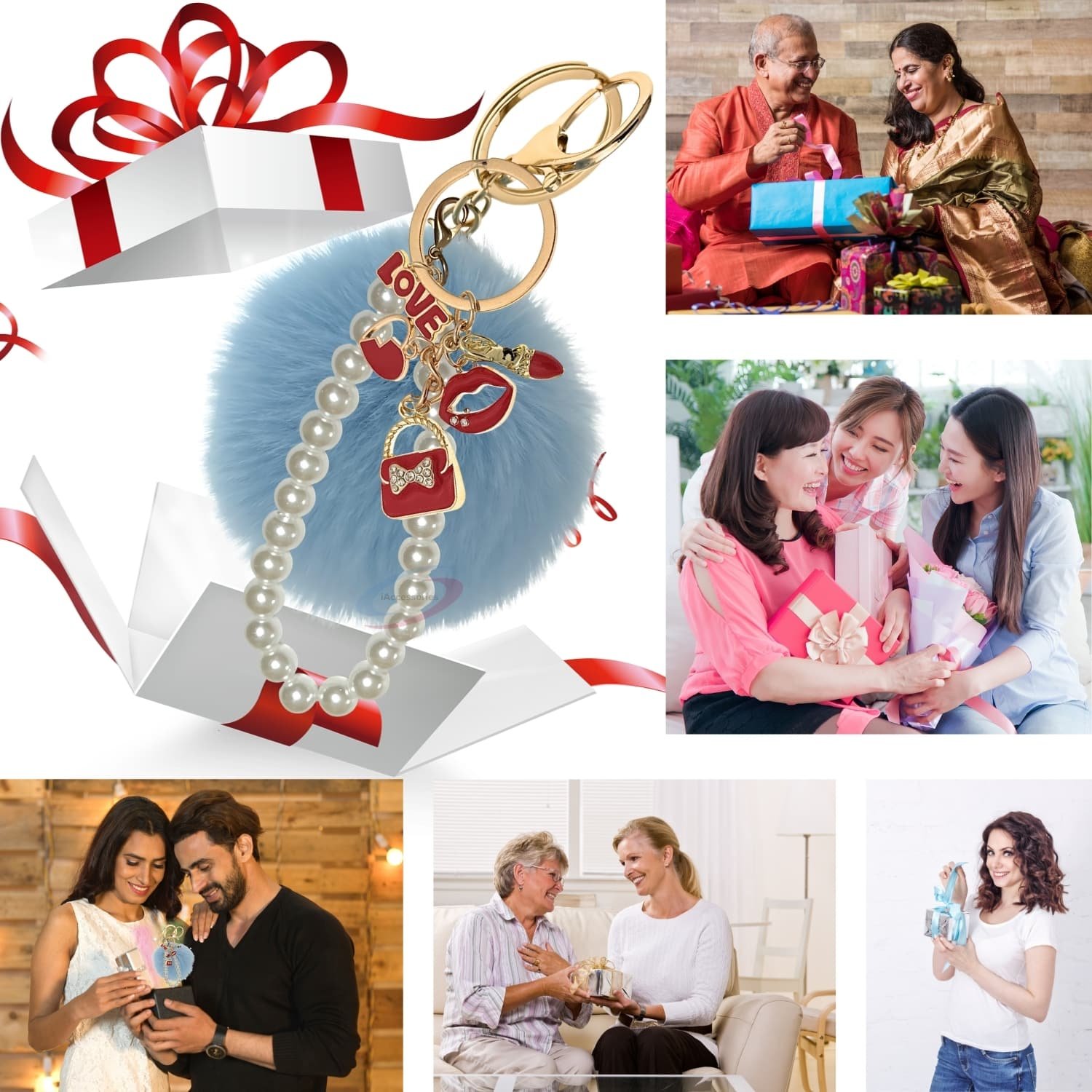 iAccessories Fluffy Faux Fur Pearl Fashion Pom Pom Keychain Charm for Girls Bags, Wallets and Luggage – Light Blue-4