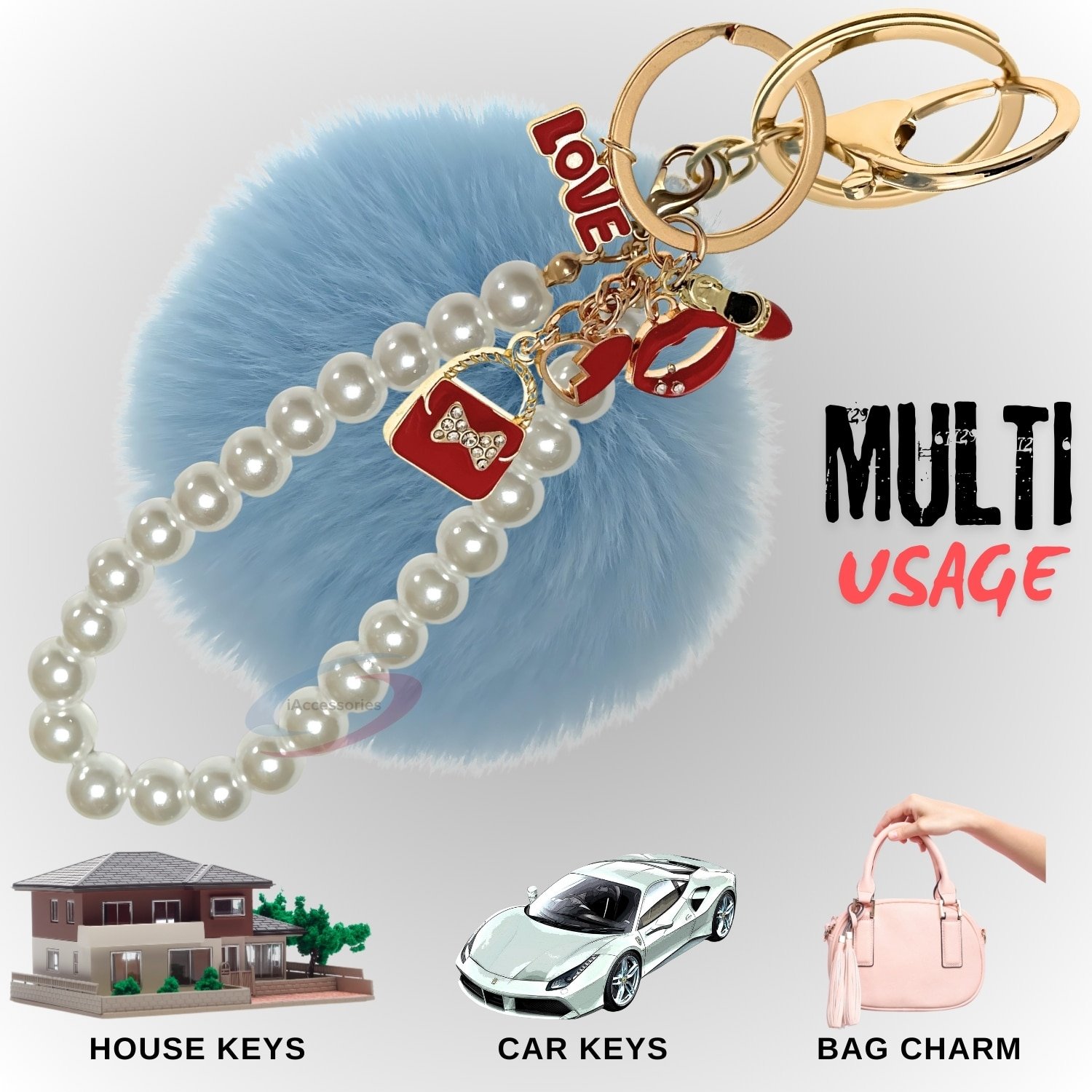 iAccessories Fluffy Faux Fur Pearl Fashion Pom Pom Keychain Charm for Girls Bags, Wallets and Luggage – Light Blue-5