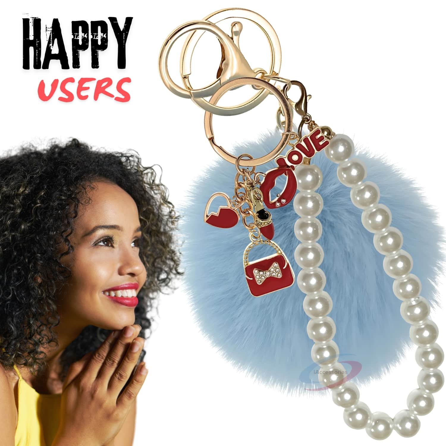 iAccessories Fluffy Faux Fur Pearl Fashion Pom Pom Keychain Charm for Girls Bags, Wallets and Luggage – Light Blue-7
