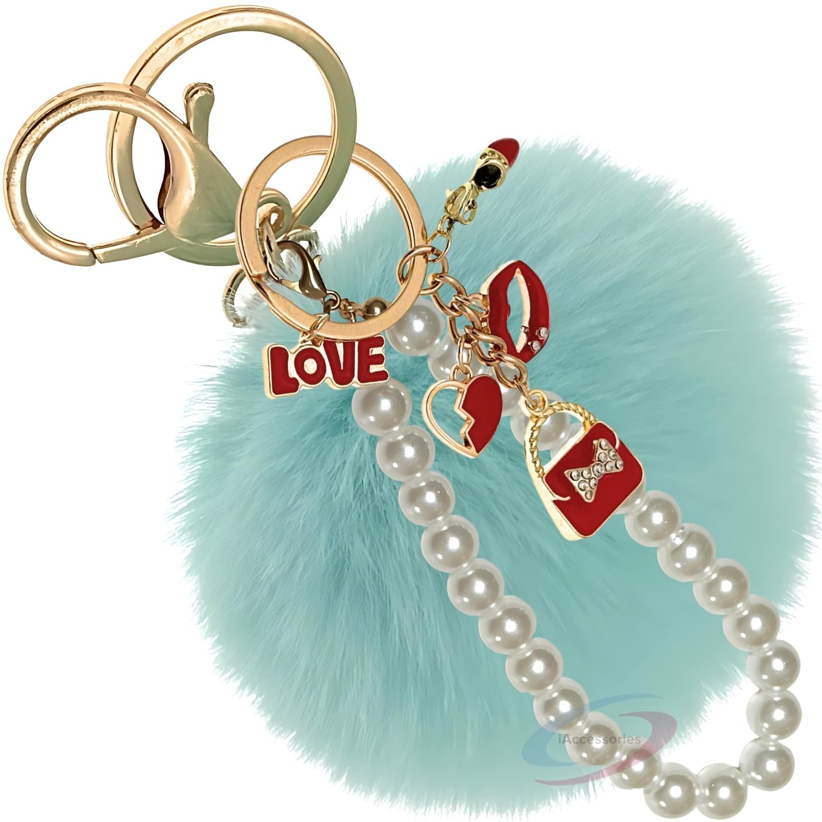 iAccessories Fluffy Faux Fur Pearl Fashion Pom Pom Keychain Charm for Girls Bags, Wallets and Luggage – Mint Green-1