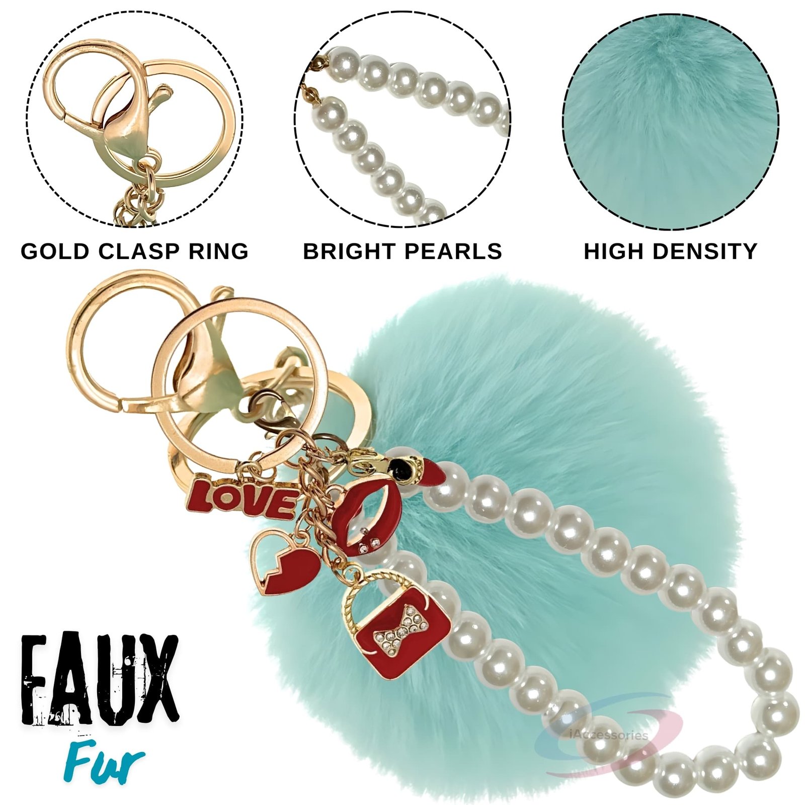 iAccessories Fluffy Faux Fur Pearl Fashion Pom Pom Keychain Charm for Girls Bags, Wallets and Luggage - Mint Green-3