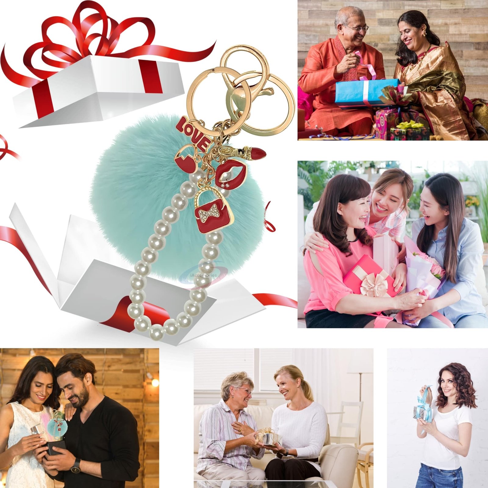 iAccessories Fluffy Faux Fur Pearl Fashion Pom Pom Keychain Charm for Girls Bags, Wallets and Luggage – Mint Green-4